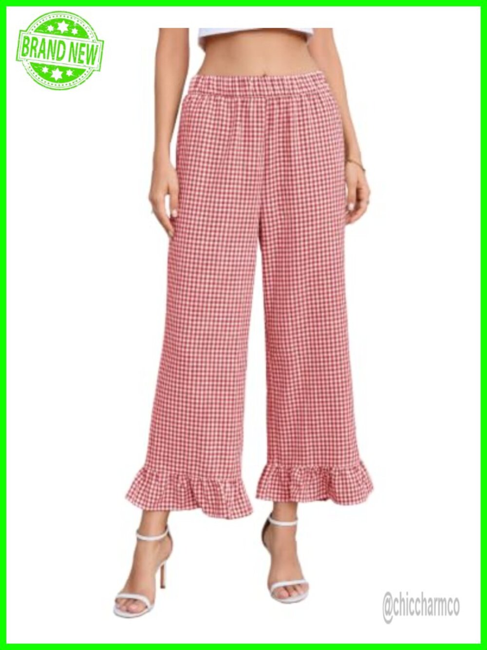 Wide Leg Gingham Plaid Ruffle Hem High Waist Elastic Waist Trousers Pants